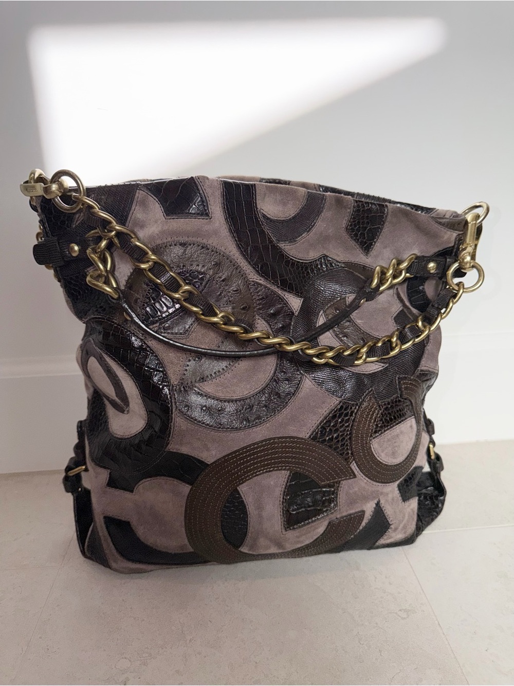 Rare Coach Brooke Inlaid C Suede & Leather Hobo Bag in Taupe and Dark Brown
